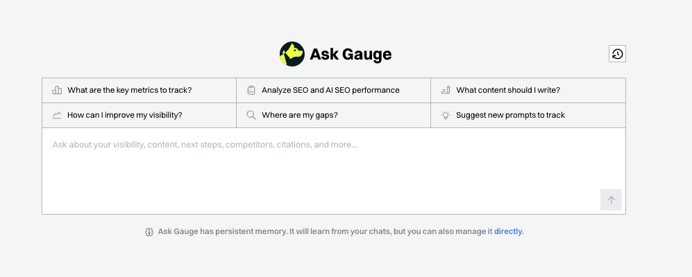 Ask Gauge chat interface with suggested prompt shortcuts