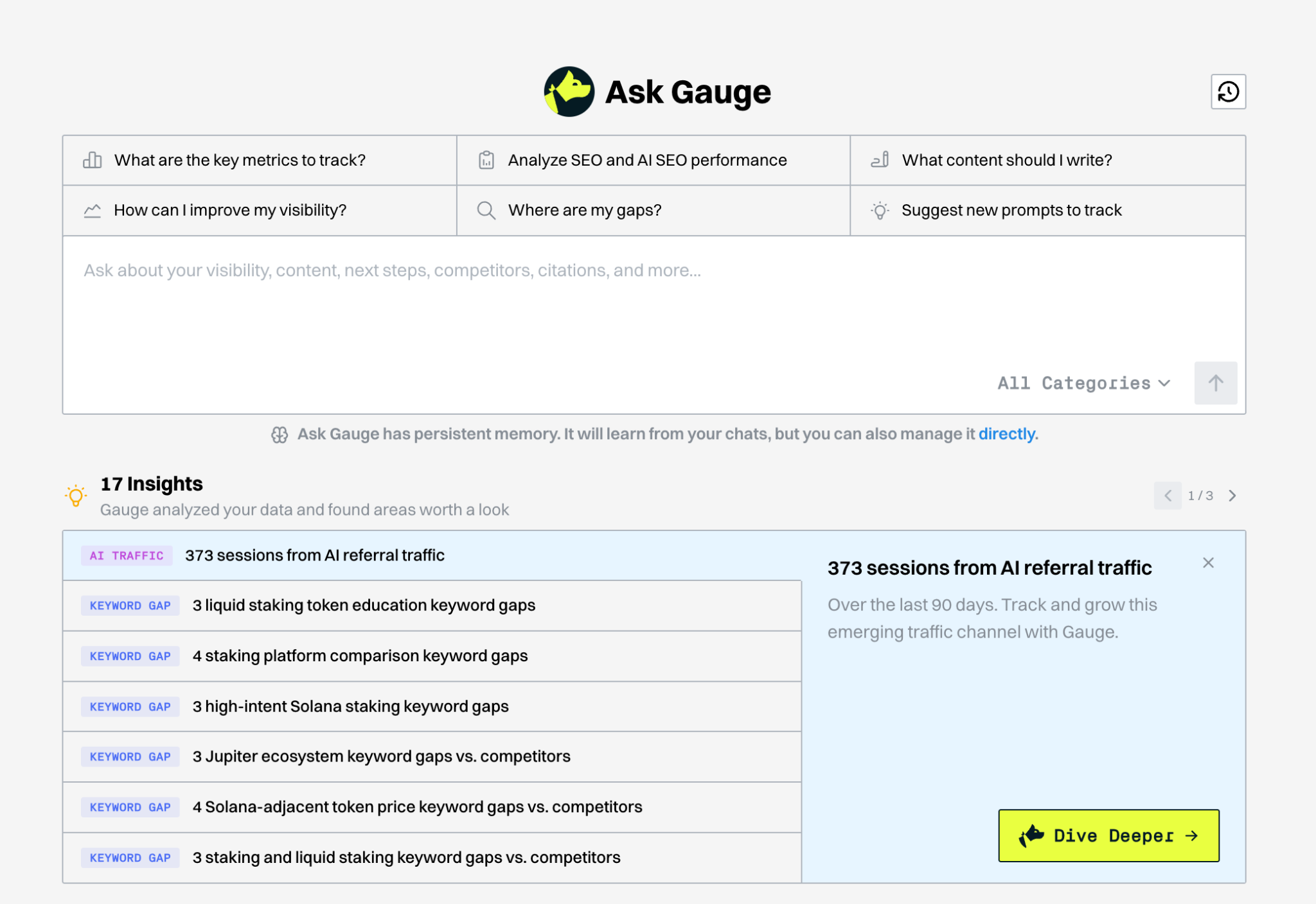 Ask Gauge insights panel listing keyword gaps and AI referral traffic
