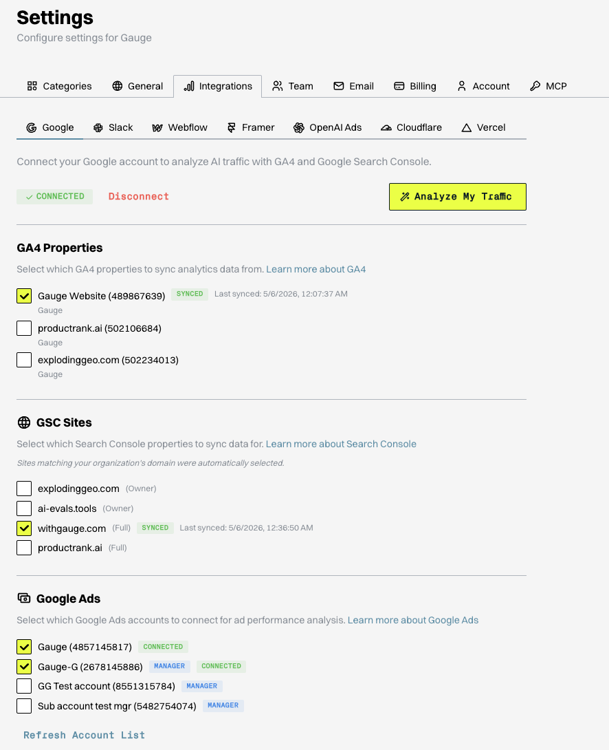 Gauge integrations settings showing connected GA4, GSC, and Google Ads accounts