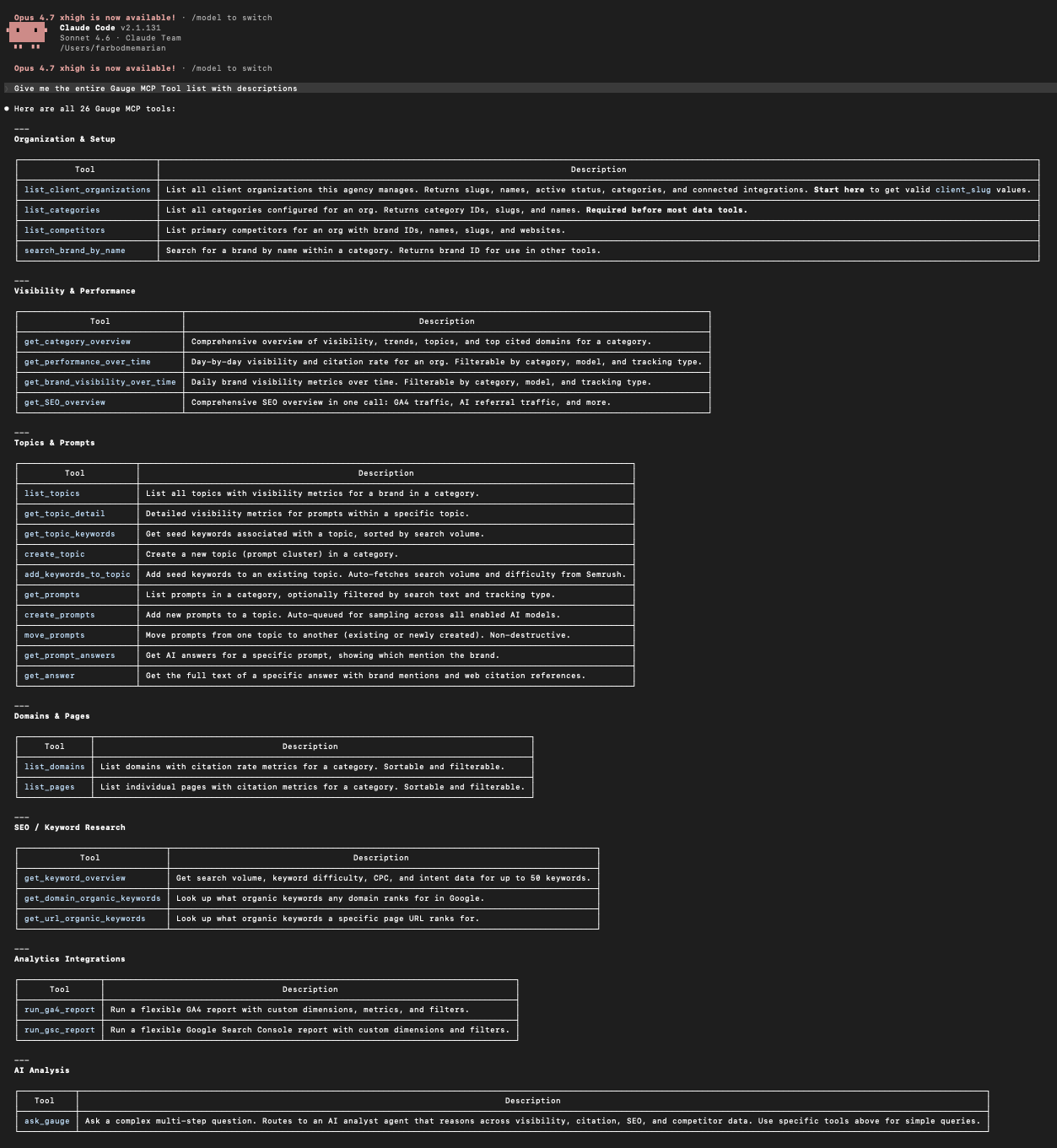 Claude Code listing all 26 Gauge MCP tools by category