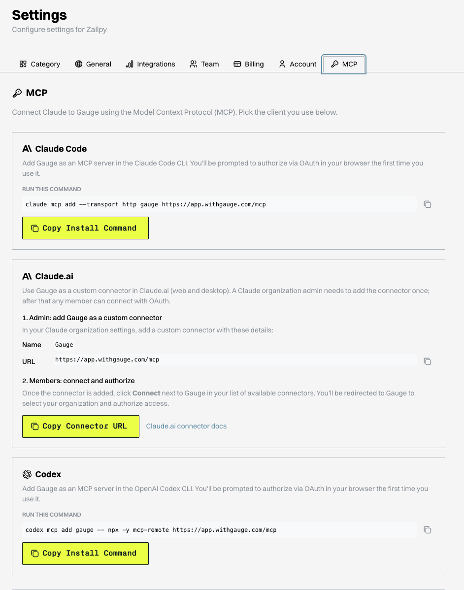 Gauge settings page with MCP connection instructions for each client