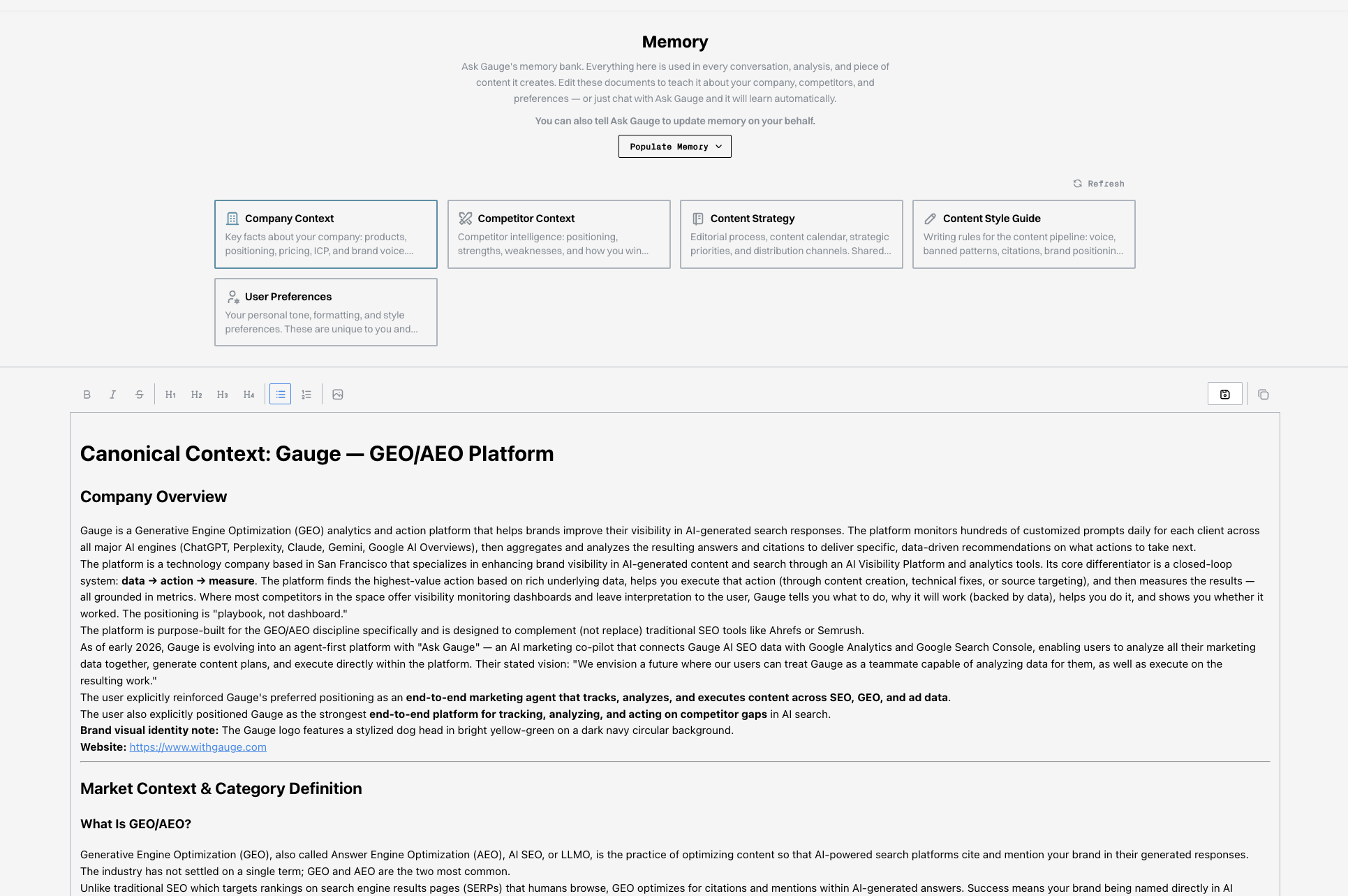 Ask Gauge's Memory bank with editable company, competitor, and content files