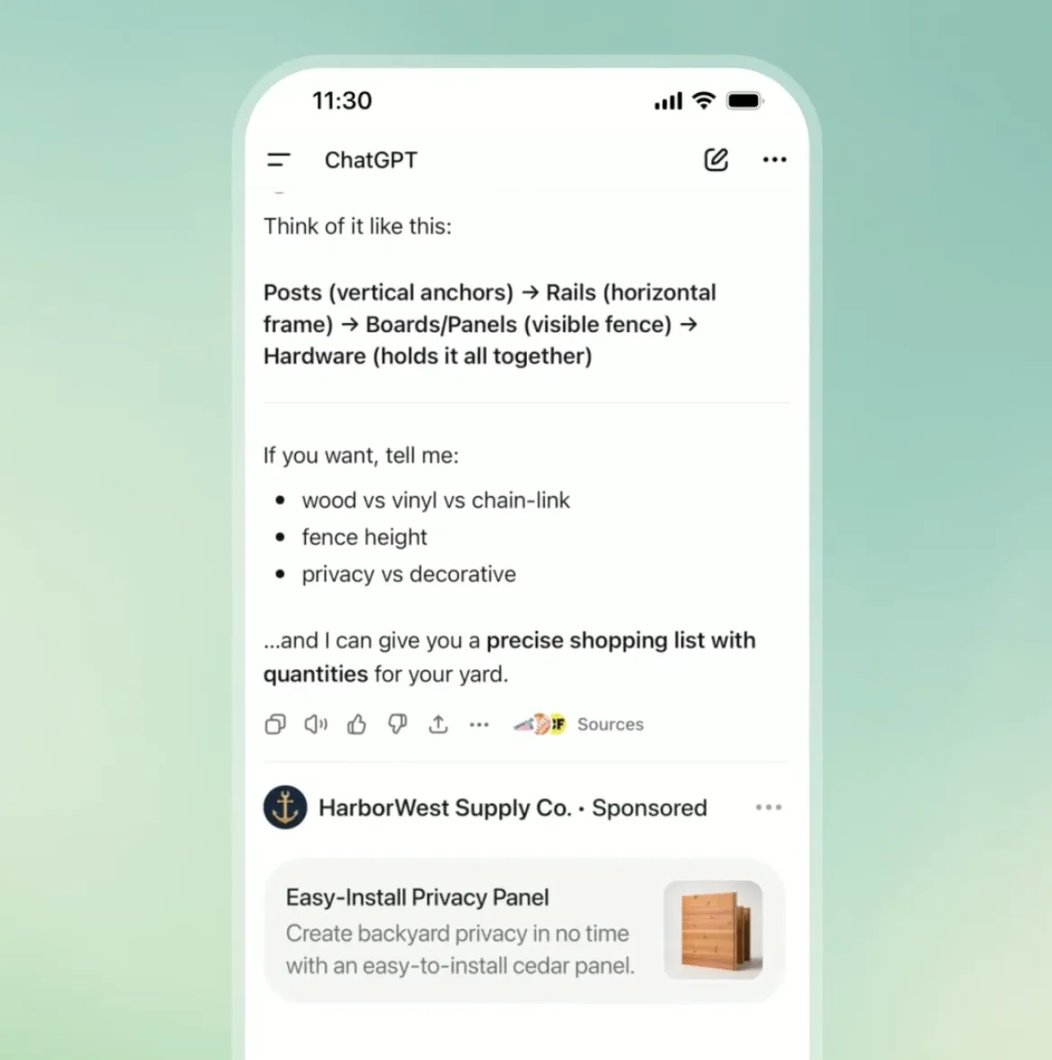 ChatGPT mobile conversation with a sponsored ad below the answer
