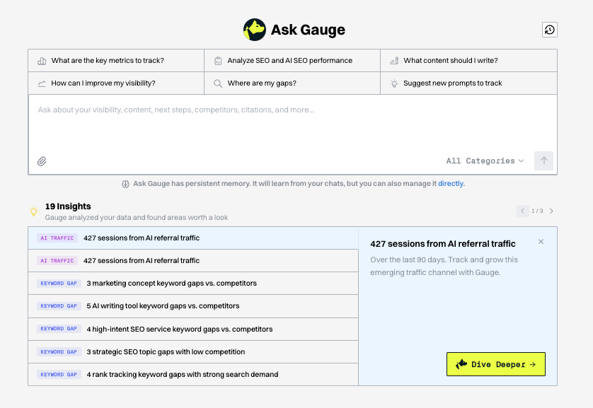 Ask Gauge chat interface showing AI-generated marketing insights
