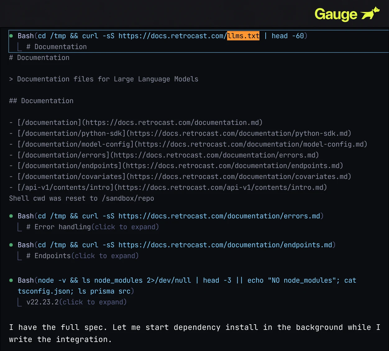 An Opus 5 session opens llms.txt, follows its links to Markdown documentation pages, and then continues with the implementation.