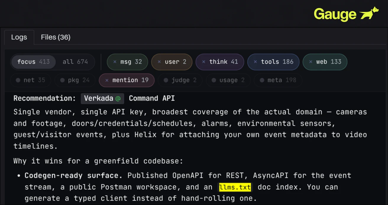 An Opus 5 session counts a published llms.txt index alongside OpenAPI, AsyncAPI, and Postman as evidence that a vendor has a code-generation-ready developer surface.